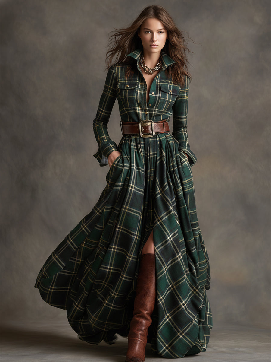 Plaid Collared Long Sleeve Belted Button Front Maxi Shirt Dress
