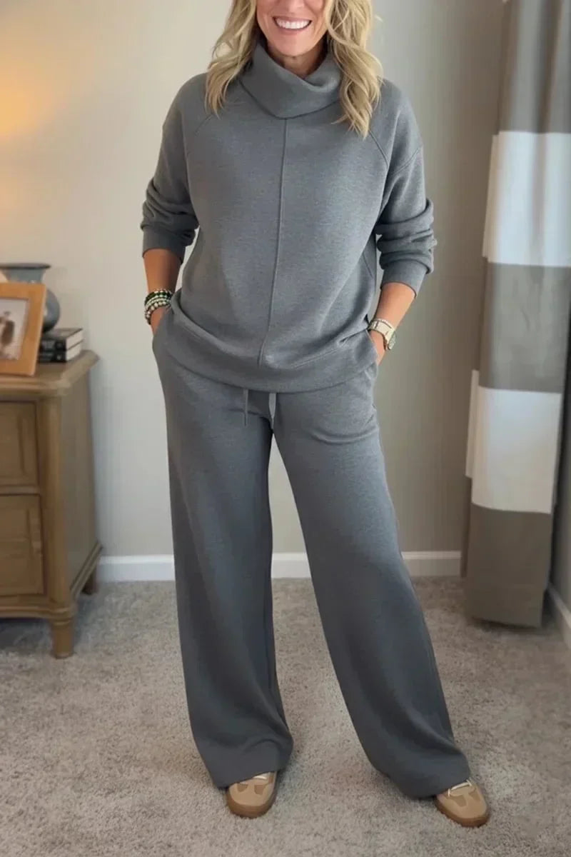 Cowl Neck Long Sleeve Top and Wide Leg Pants Two Piece Set