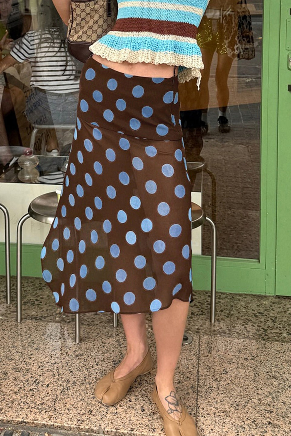 Polka Dot Color Block Sheer Midi Skirt