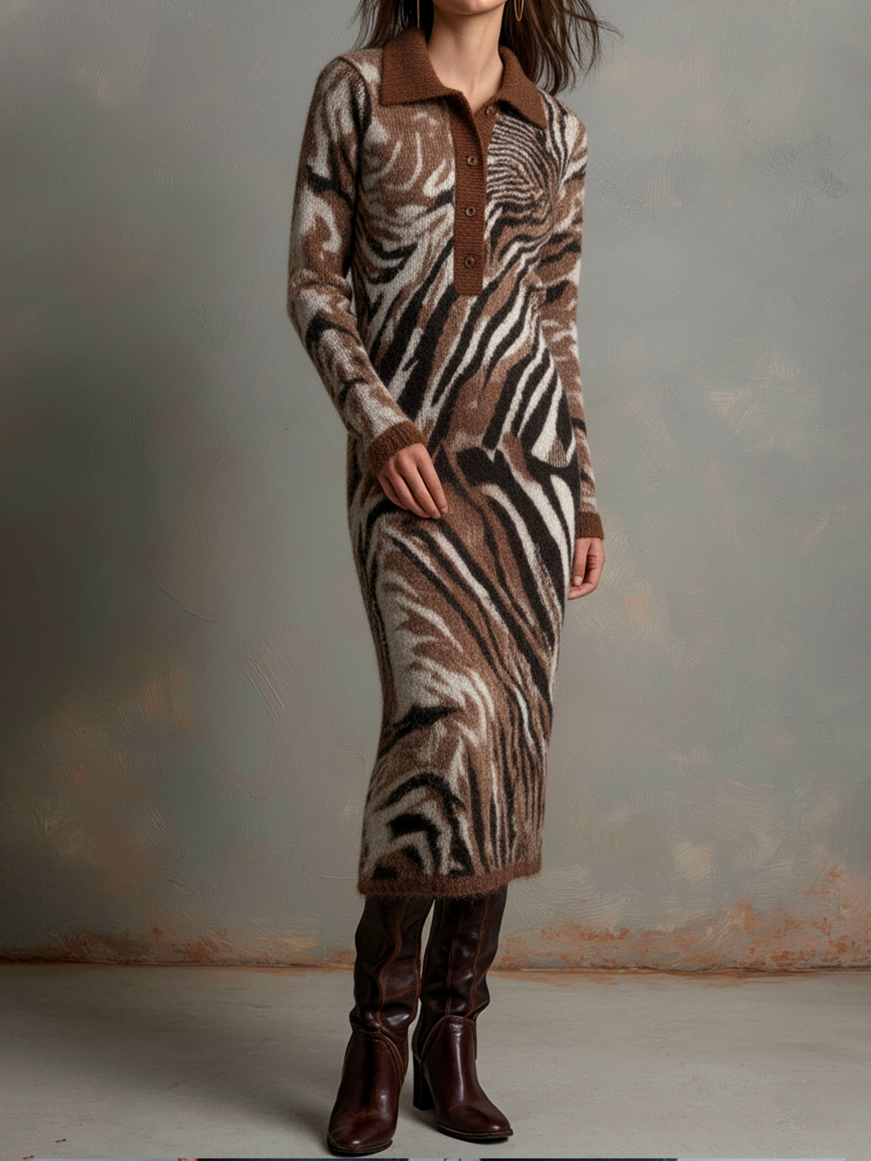 Fuzzy Polo Collar Brown Zebra Pattern Knit Sweater Dress