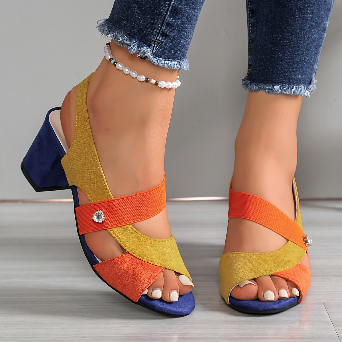 Open Toe Slingback Color Block Block Heel Sandals