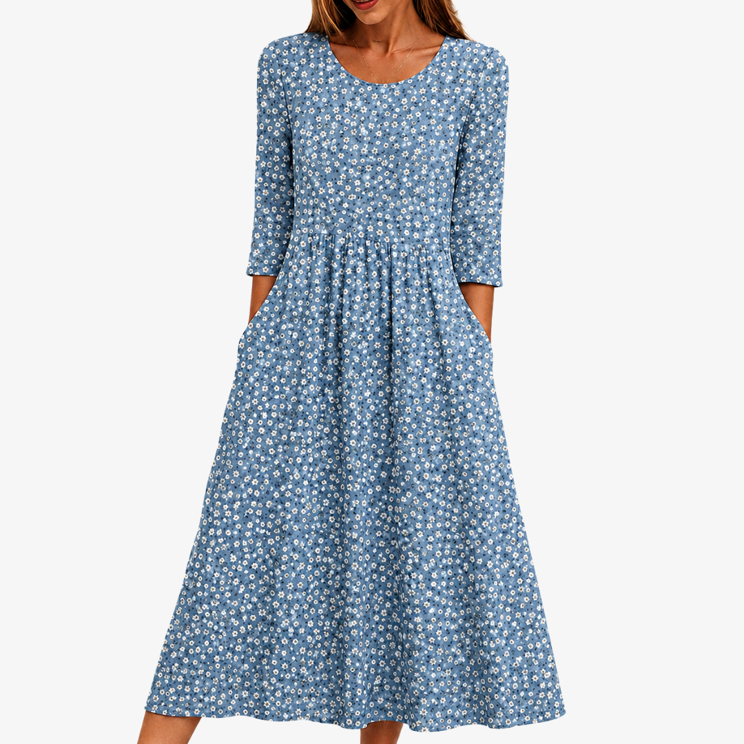 Ditsy Floral Round Neck Pocket A-Line Midi Dress