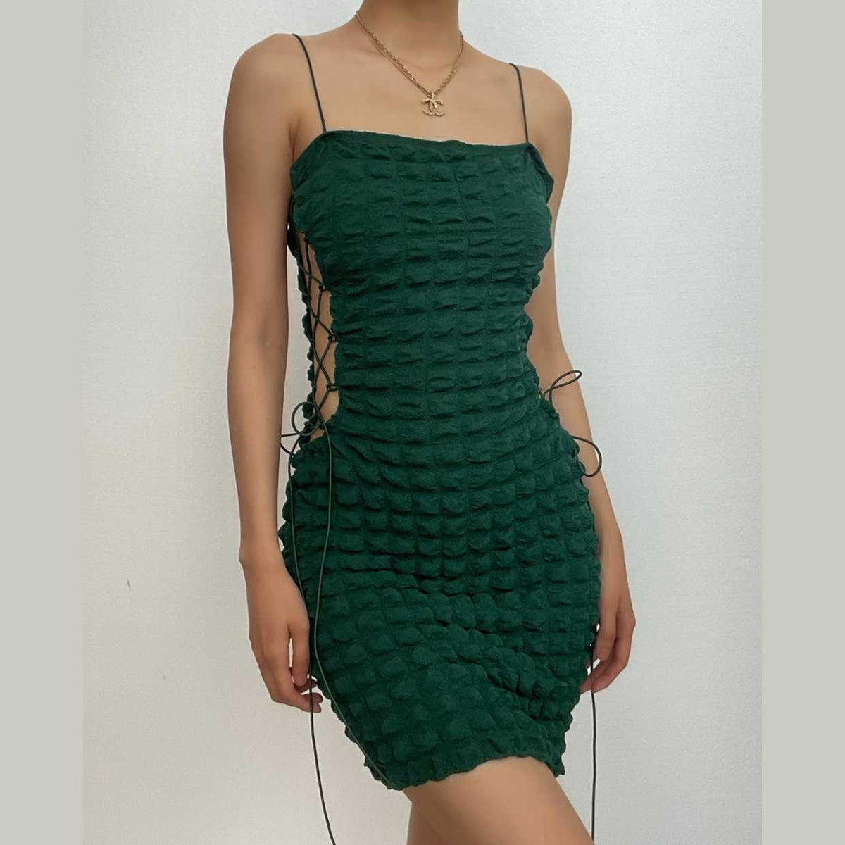 Bubble Textured Spaghetti Strap Lace Up Side Cut Out Bodycon Mini Dress
