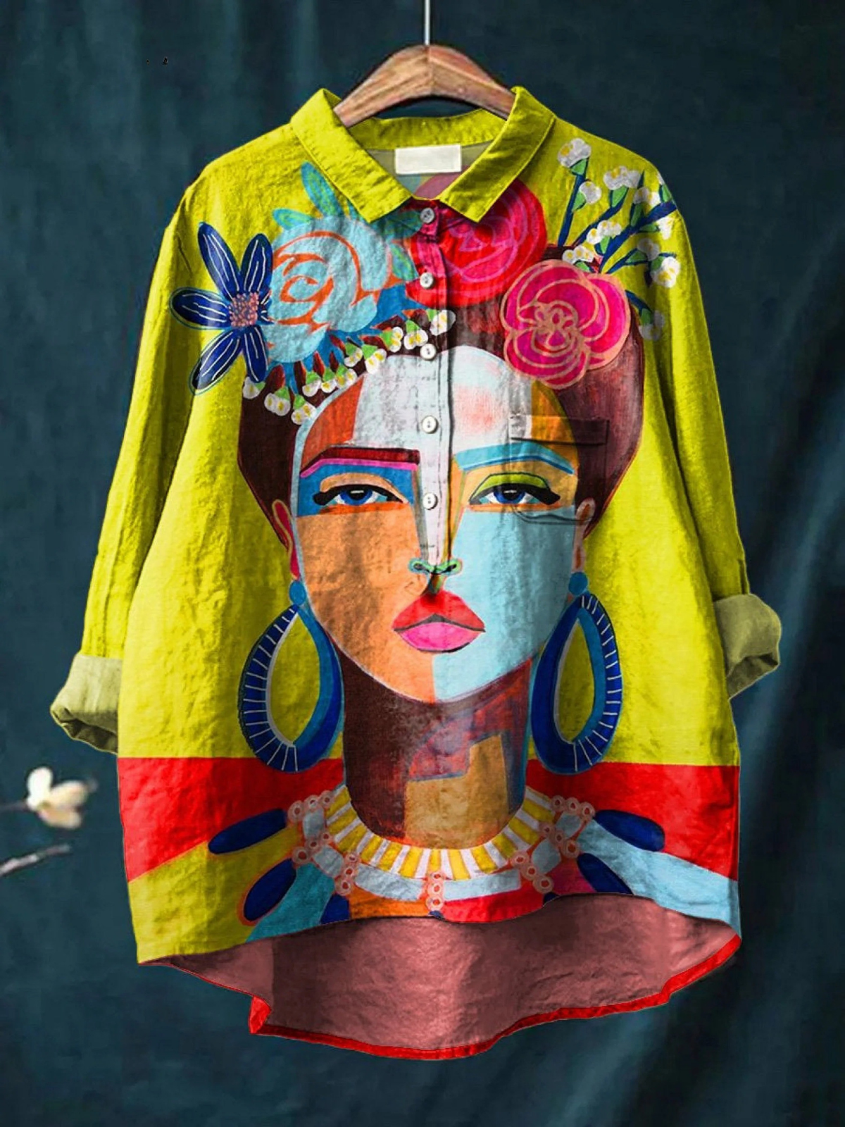 Portrait Art Print Long Sleeve Button Front High Low Shirt