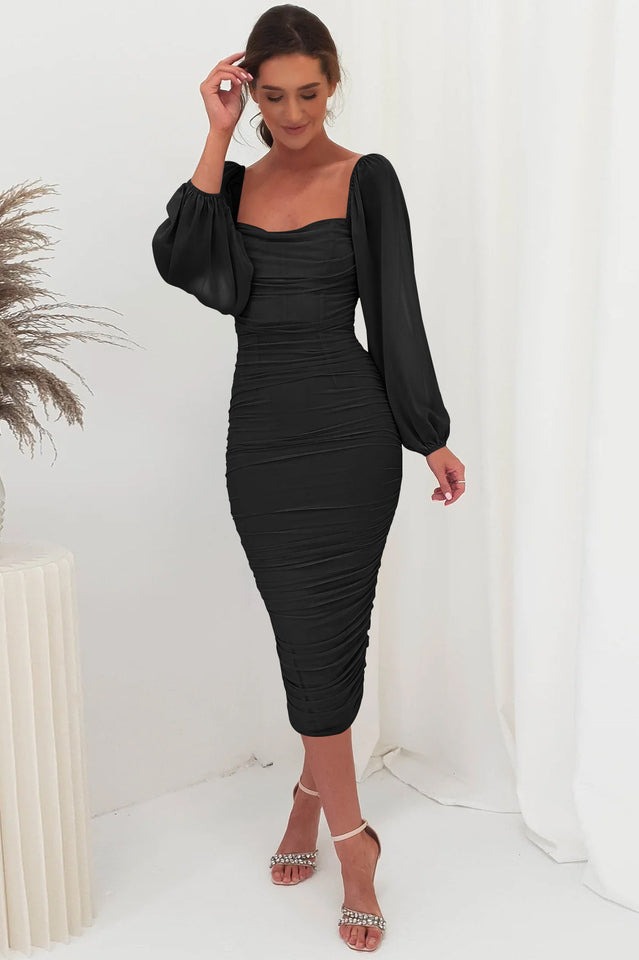 Square Neck Sheer Mesh Long Sleeve Ruched Bodycon Midi Dress 14
