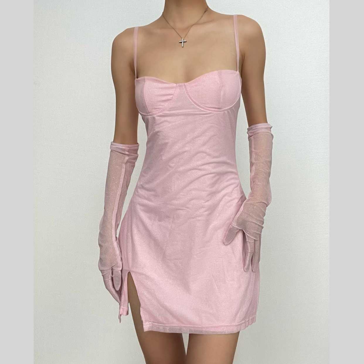 Textured mesh gloves sweetheart neck zip-up slit cami mini dress 13