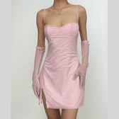 Textured mesh gloves sweetheart neck zip-up slit cami mini dress 13