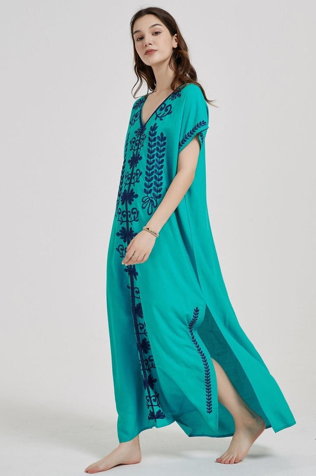 Embroidered V-Neck Short Sleeve Kaftan Maxi Dress 2