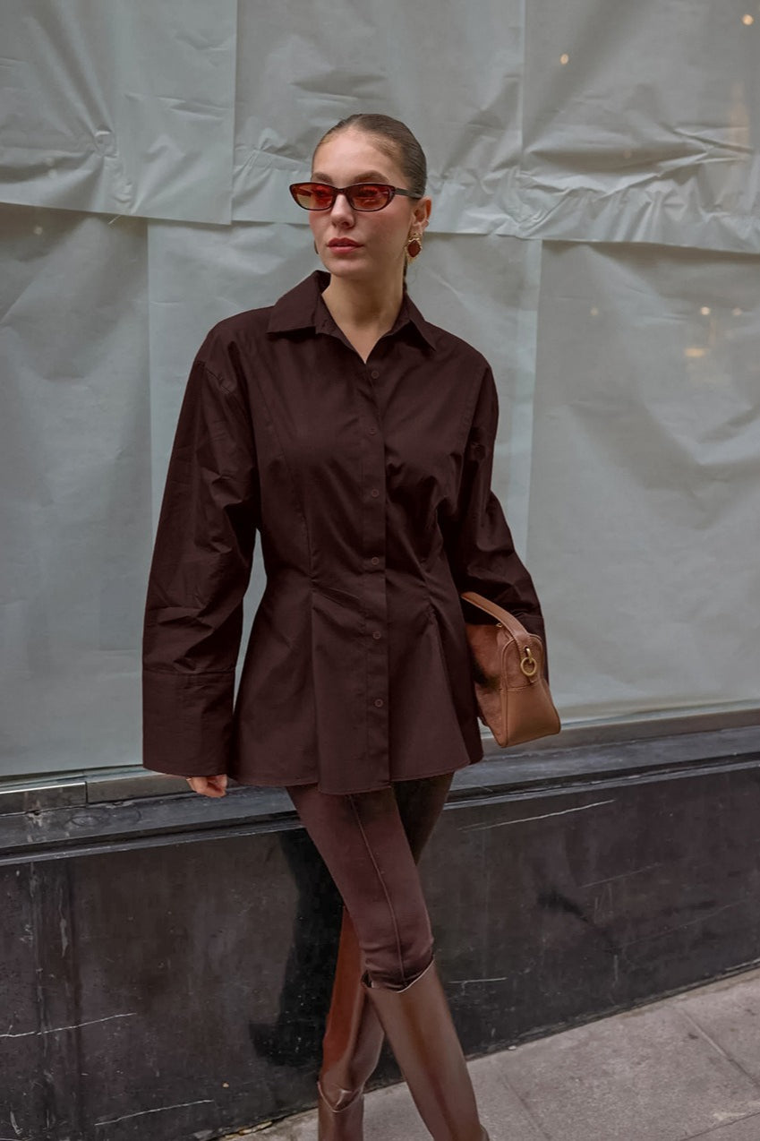Collared Wide Cuff Darted Waist Longline Button Front Shirt