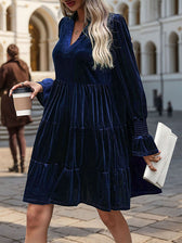 Velvet V-Neck Long Sleeve Tiered Mini Dress 17