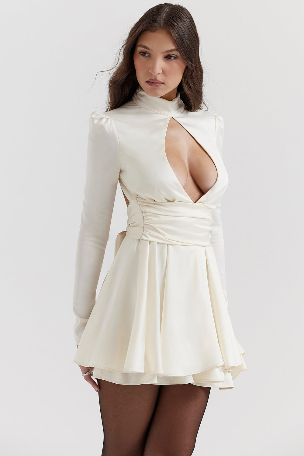 Satin Mock Neck Long Sleeve Open Back Bow Tie Skater Mini Dress 6