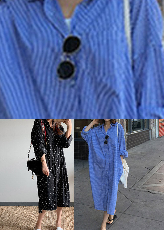 Polka Dot Shirt Collar Long Sleeve Side Slit Midi Shirt Dress