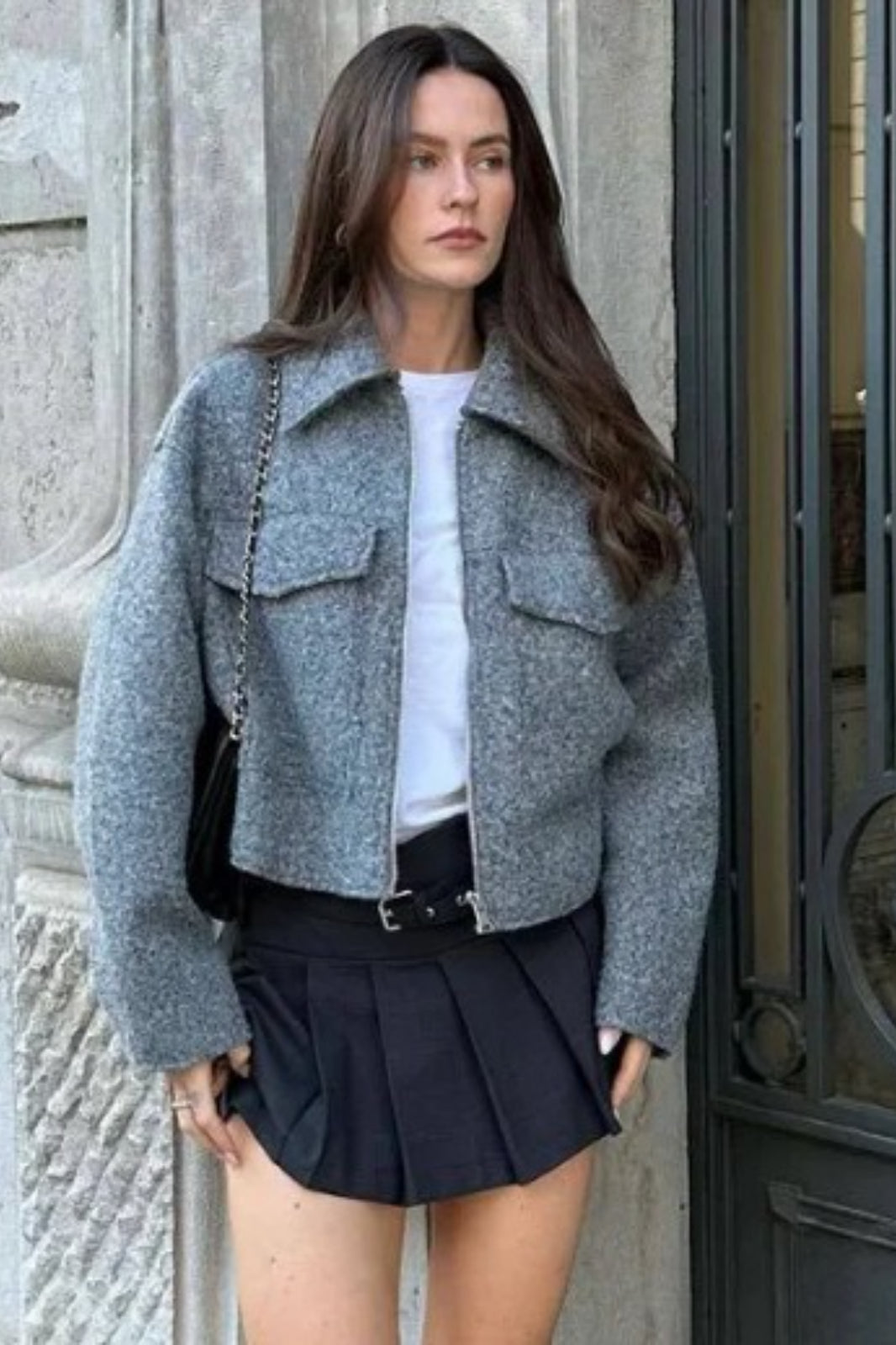 Cropped Boucle Zip Front Jacket