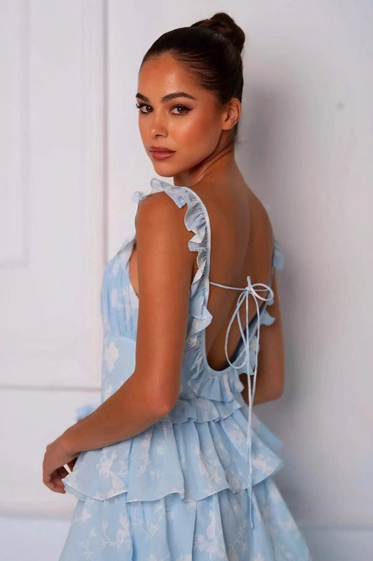 Floral Square Neck Ruffle Strap Tiered Maxi Prom Dress
