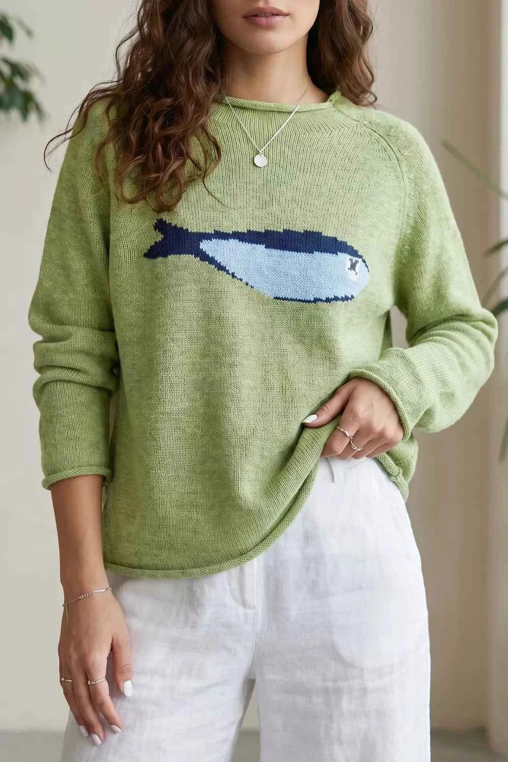 Fish Graphic Rolled Round Neck Long Sleeve Knit Sweater