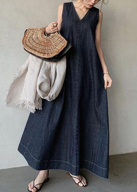 Denim Sleeveless Deep V-Neck A-Line Maxi Dress