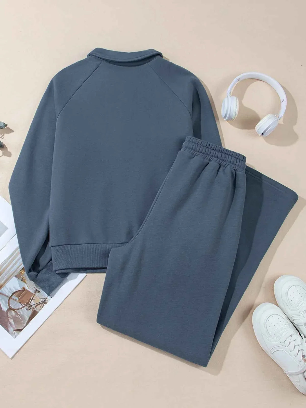 Collared Button Placket Sweatshirt and Seam Front Wide Leg Pants Two Piece Set 20