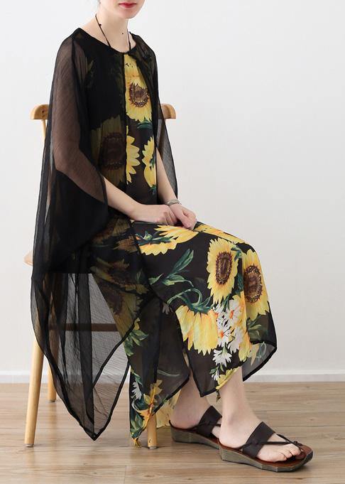Faux Two-Piece Sunflower Print Sheer Overlay Kimono Sleeve Maxi Dress