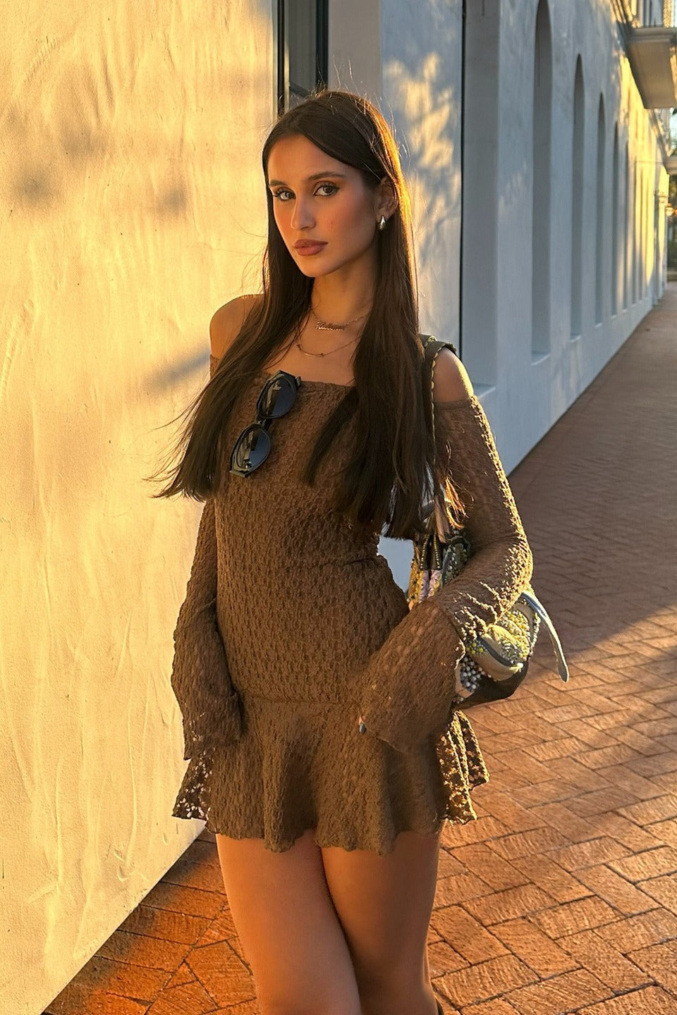 Crochet Knit Off Shoulder Flare Sleeve Ruffle Hem Mini Dress