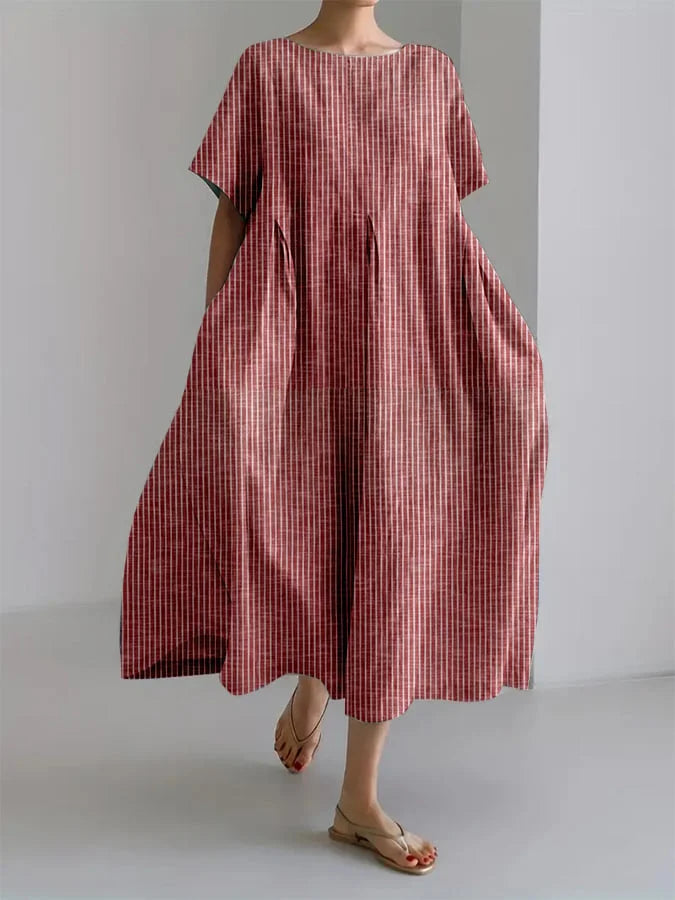 Striped Round Neck Short Sleeve Pocket A-Line Midi Dress Summer