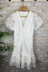 Sweet Valor Crochet Lace Puff Sleeve Button Up Mini Dress - View 5