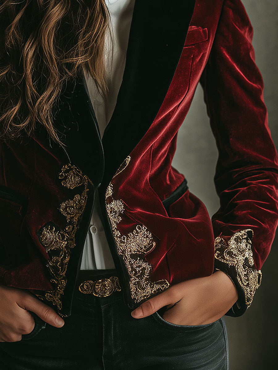 Embroidered Contrast Lapel Velvet Blazer
