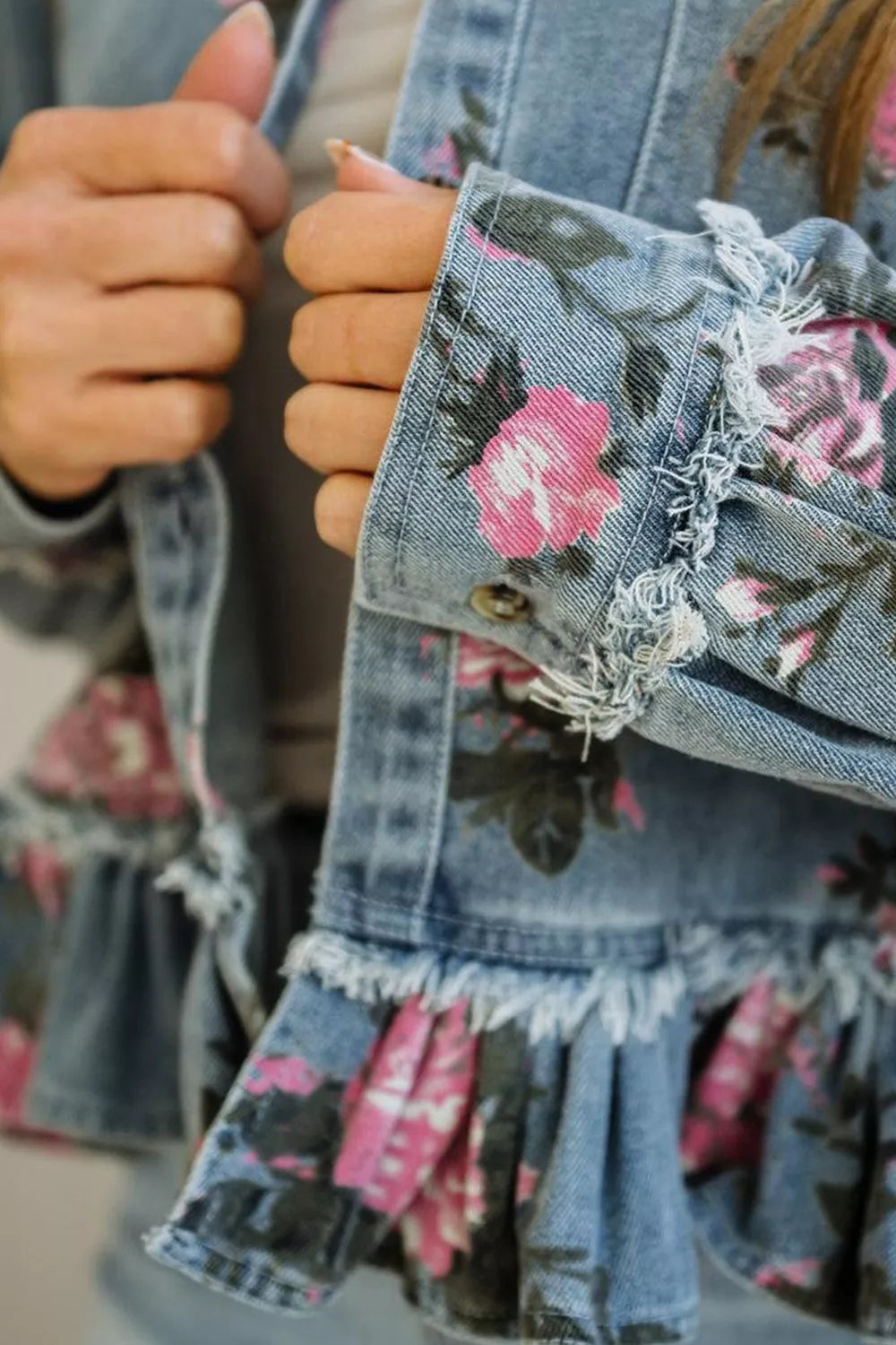 Floral Print Button Front Frayed Ruffle Hem Denim Jacket 7