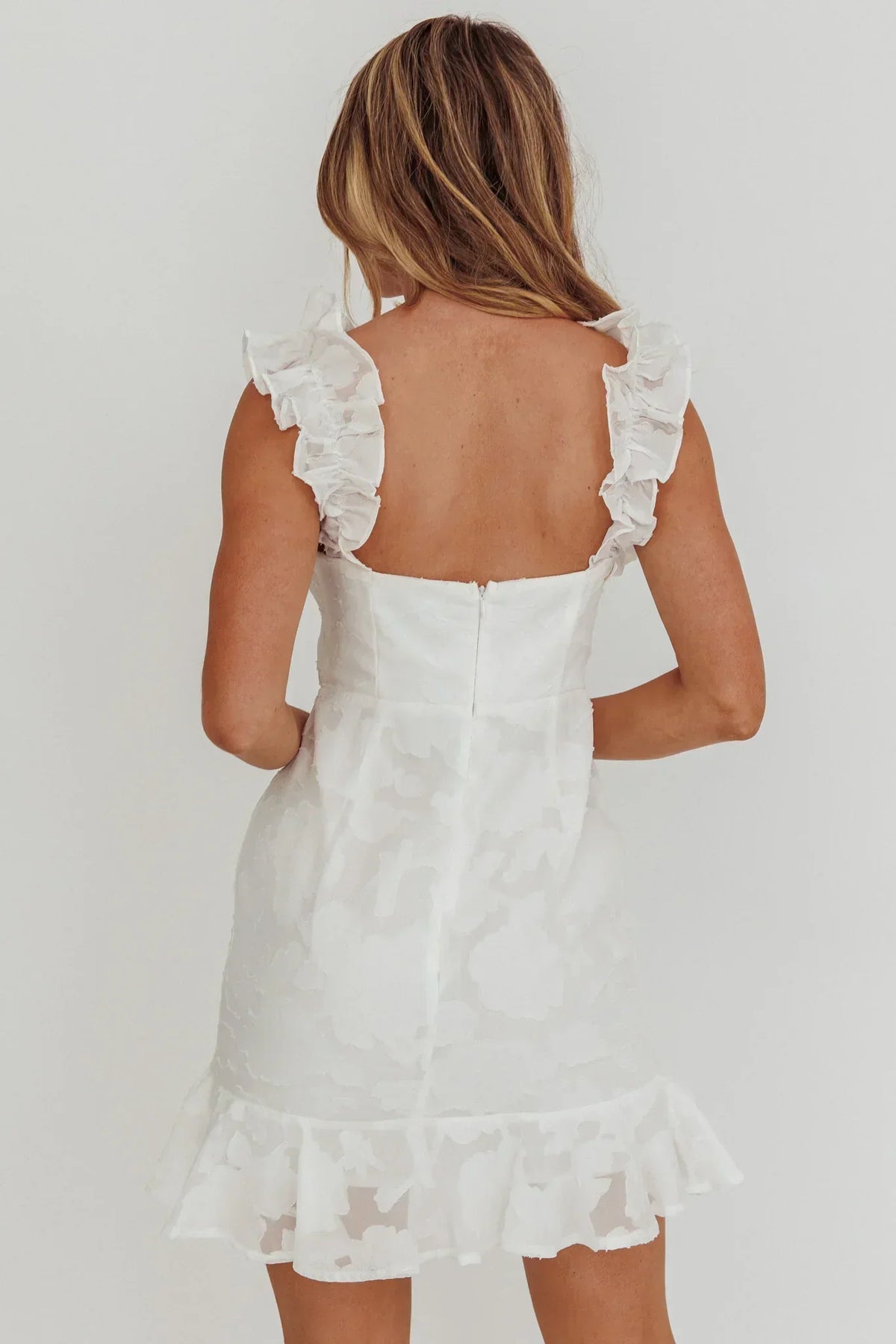 Burnout Floral Ruffle Shoulder Square Neck Ruffle Hem Mini Dress 2