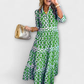 Chain Print Collared Long Sleeve Tiered Midi Dress 3
