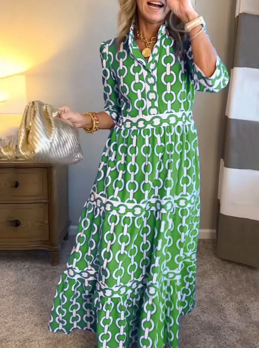 Chain Link Print Collared Long Sleeve Tiered Maxi Dress