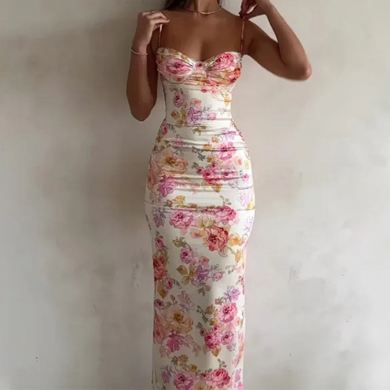 Floral Sweetheart Neck Ruched Bodycon Maxi Dress 3