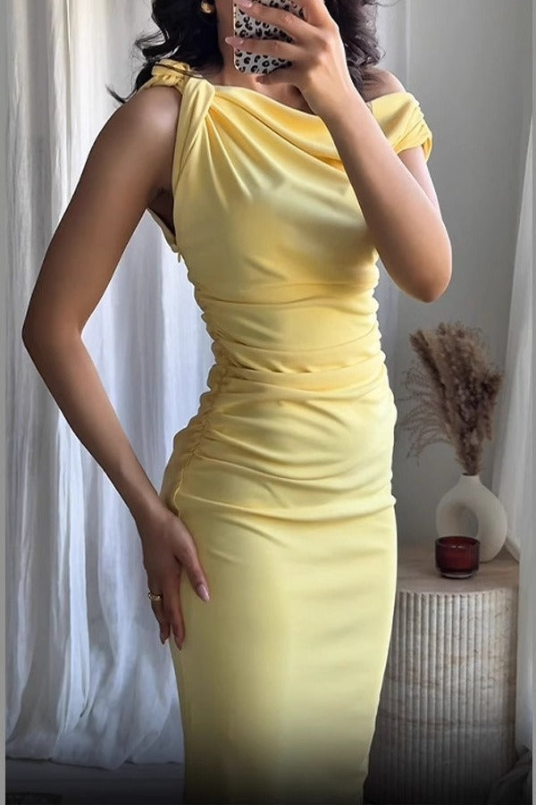 Satin Cowl Neck Ruched Asymmetric Bodycon Maxi Dress