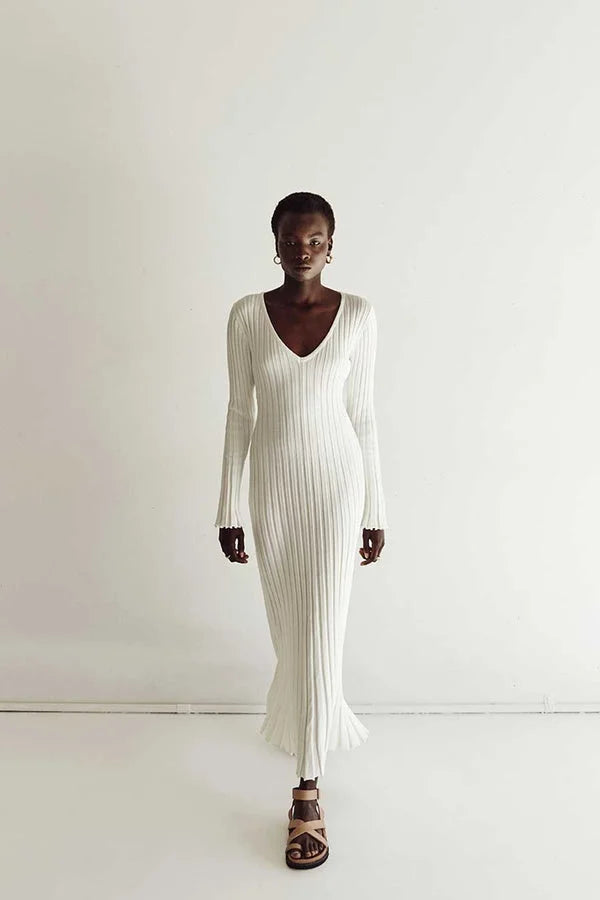 Timeless Sasha Knitted Midi Dress with V Neck and Sleeves Evening Wear Edit