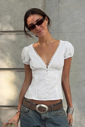Delicate Lace Trim Puff Sleeve T-Shirt