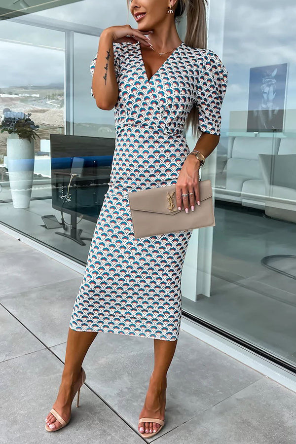 Late Night Gala Satin Printed Puff Sleeve Midi Dress - View 8