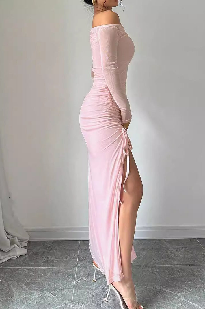 Sweet One Shoulder Mesh Long-Sleeve Slit Bodycon Dress 3