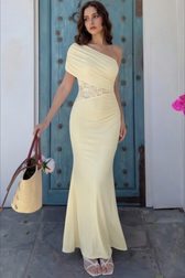 One Shoulder Ruched Waist Cinch Maxi Slim Bodycon Dress