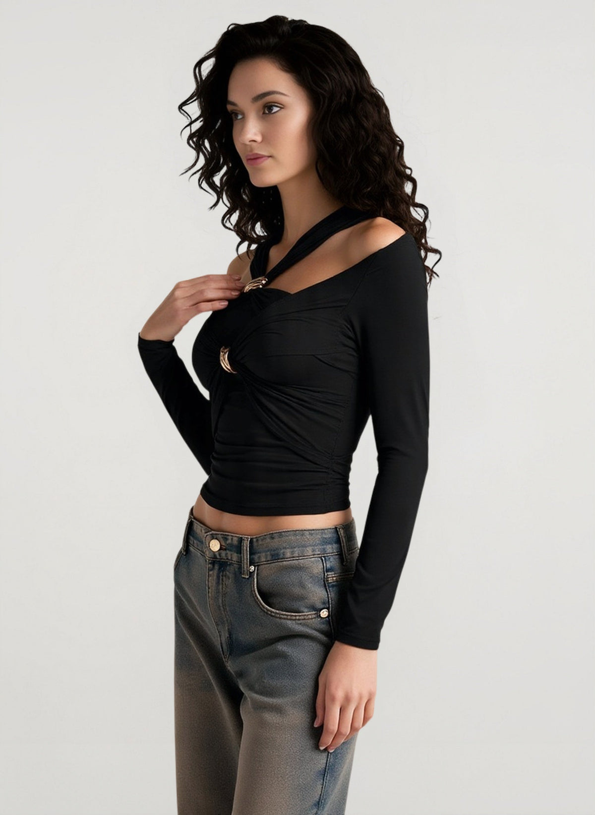 Halter Neck Off Shoulder Twist Front Ring Detail Long Sleeve Crop Top 2