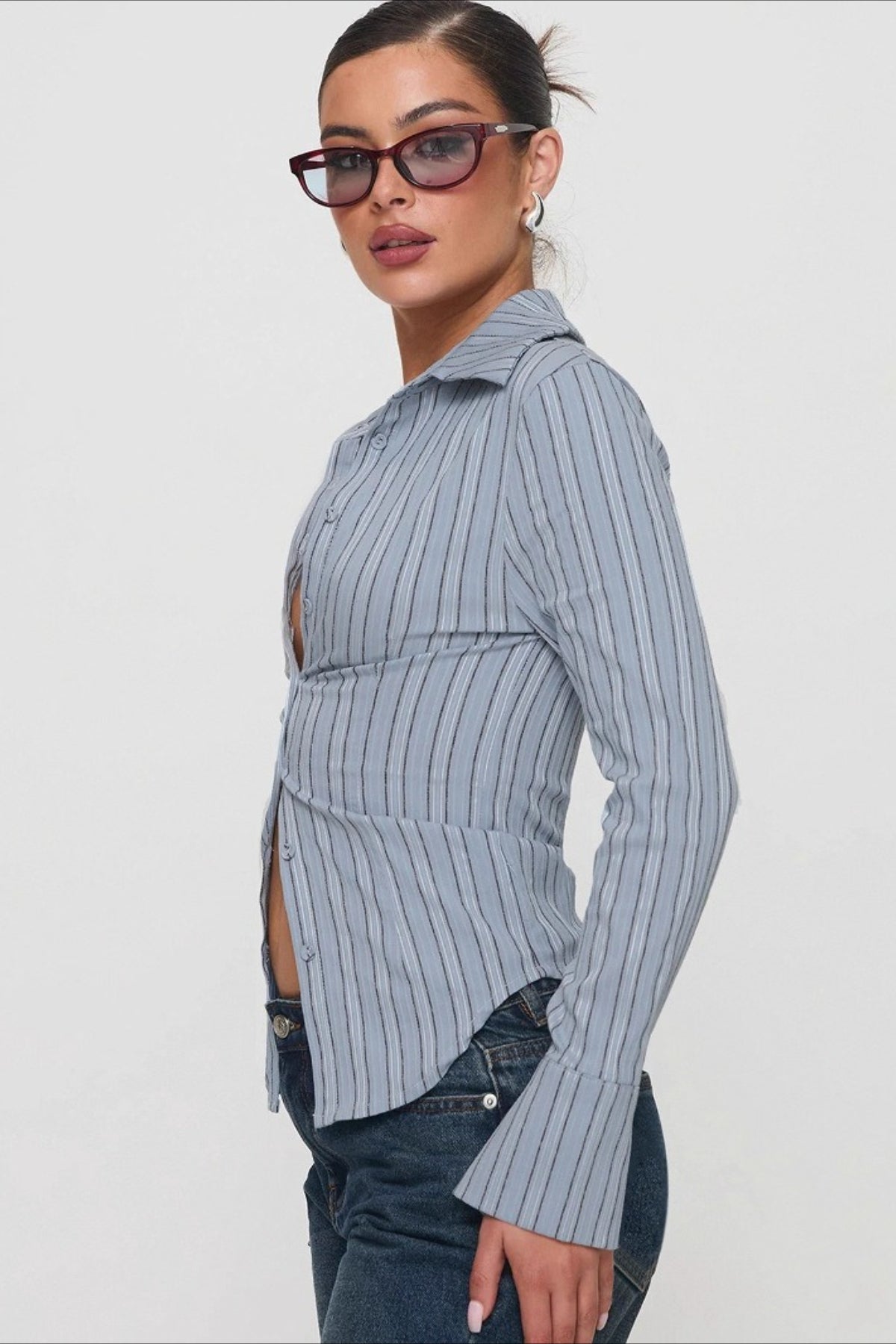 Striped Collared Long Sleeve Button Front Split Hem Fitted Shirt 2