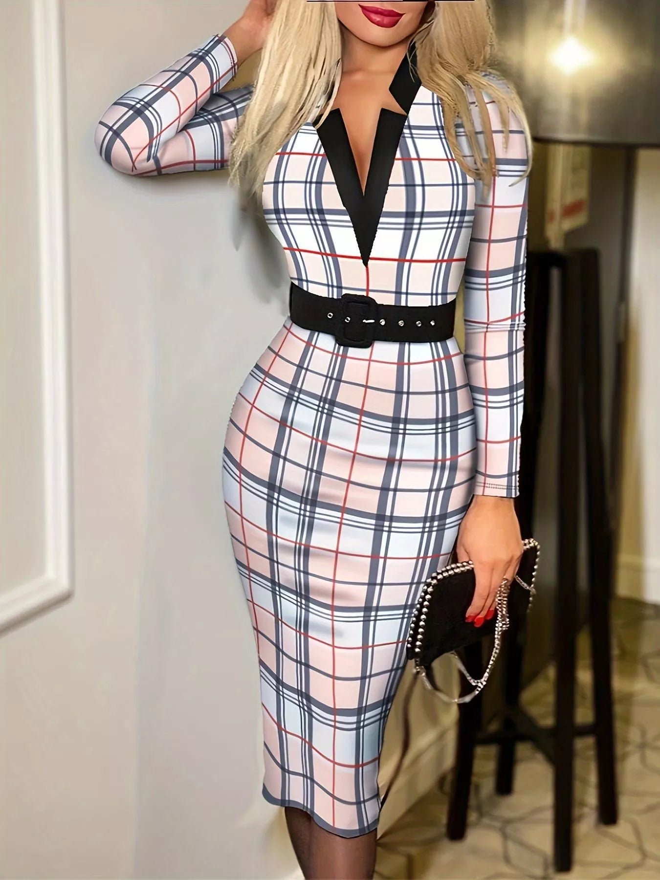 Full Size Notched Long Sleeve Dress Plus Size Watermelon pink