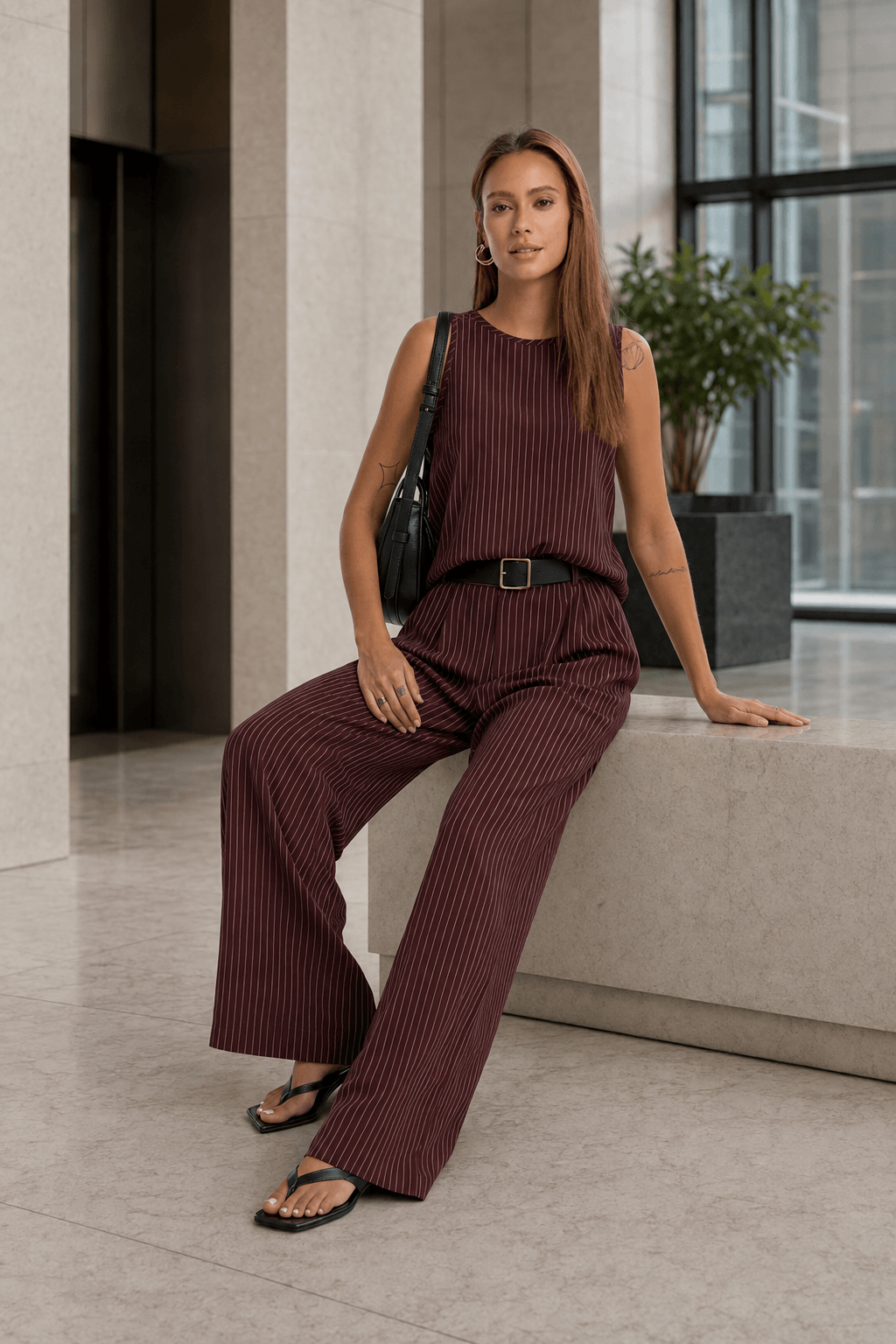 Stripe Crew Sleeveless High Waist Wide Leg Work Set