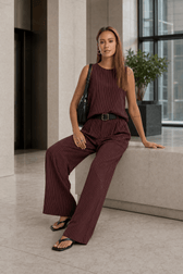Stripe Crew Sleeveless High Waist Wide Leg Work Set