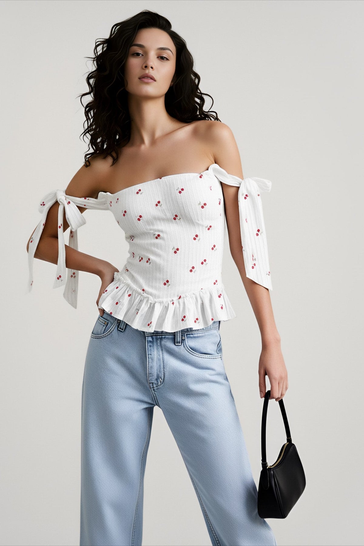 Cherry Print Off Shoulder Tie Sleeve Ruffle Hem Peplum Top