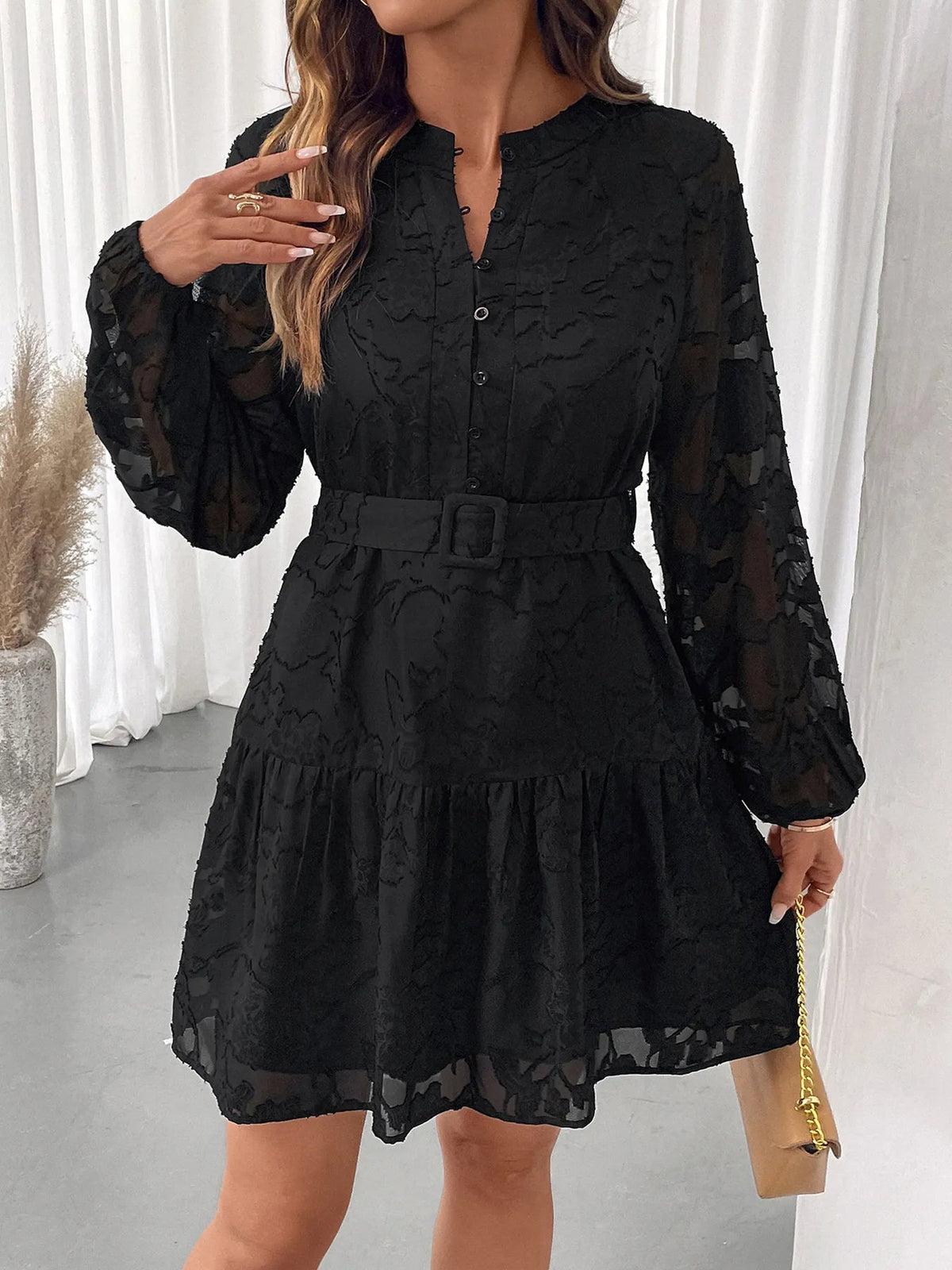 Textured Chiffon Button Front Balloon Sleeve Belted Tiered Mini Dress