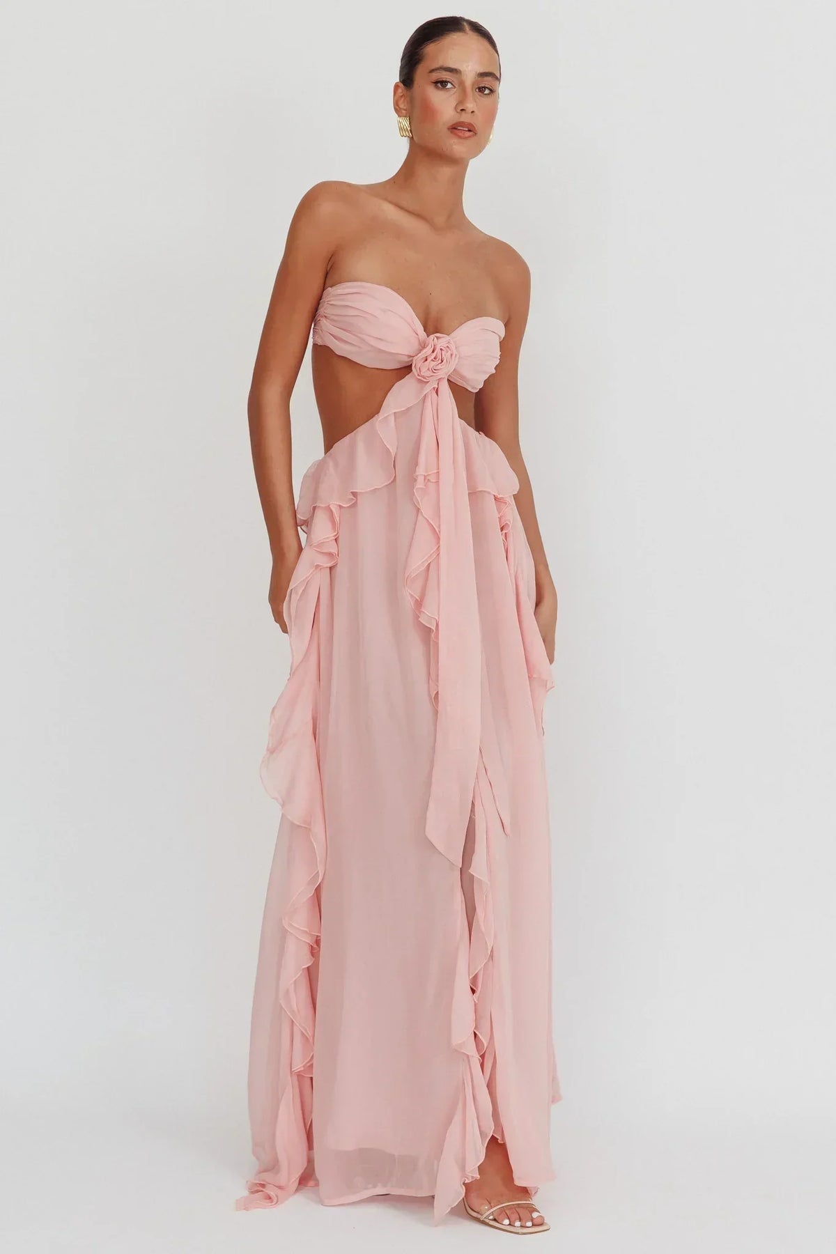 Chiffon Strapless Rosette Tie Front Cut Out Ruffle Maxi Dress 4