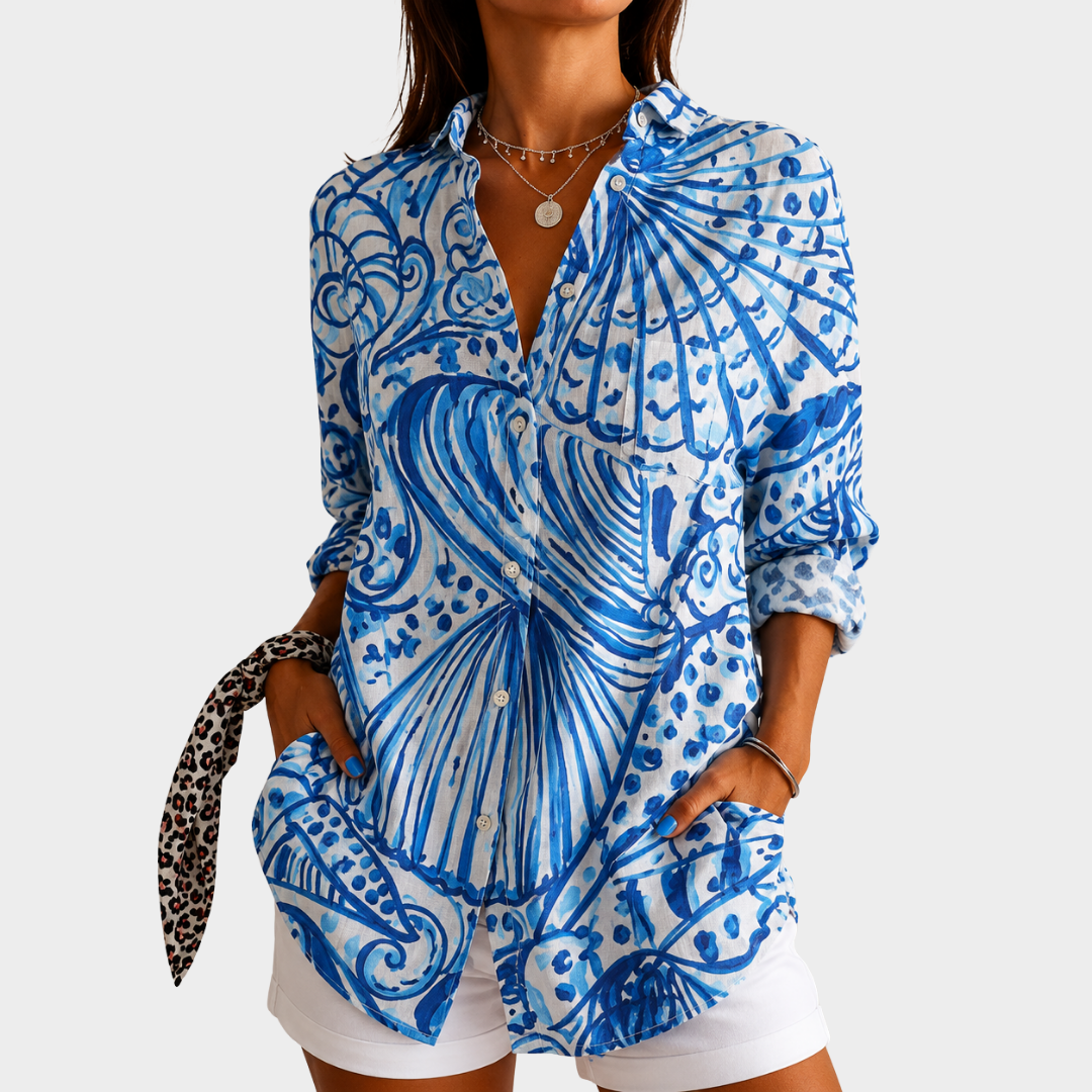 Long Sleeve Shell Print Button Down Shirt