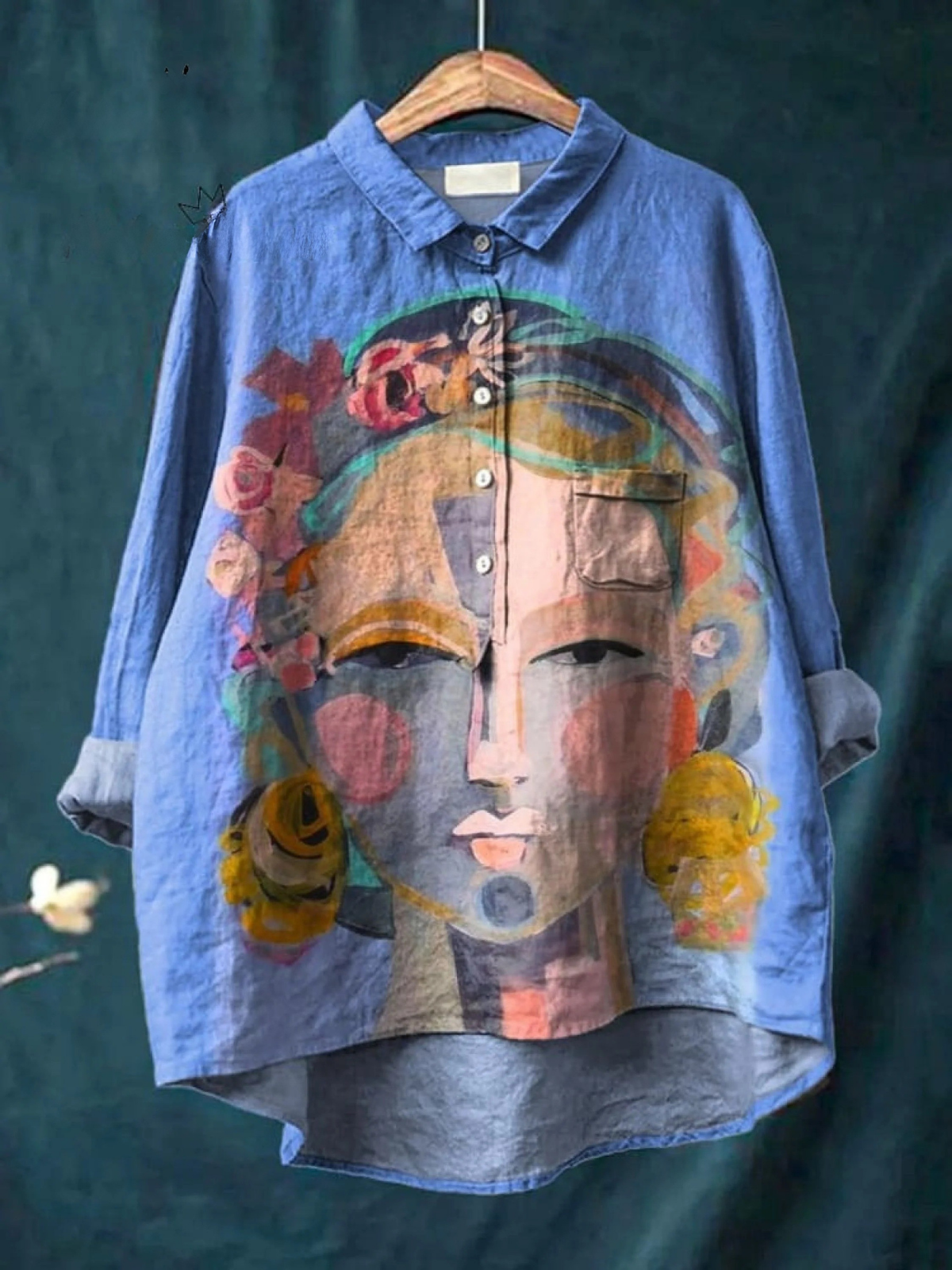 Portrait Art Print Long Sleeve Button Front High Low Shirt
