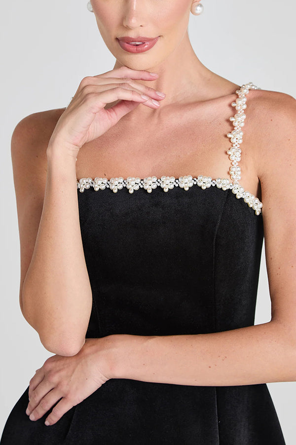 Velvet Faux Pearl Trim Square Neck Strappy Tulip Mini Dress 6