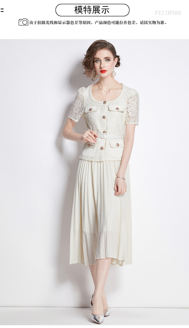 Faux Two Piece Lace Long Sleeve Pleated Midi Dress 38