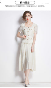 Faux Two Piece Lace Long Sleeve Pleated Midi Dress 38